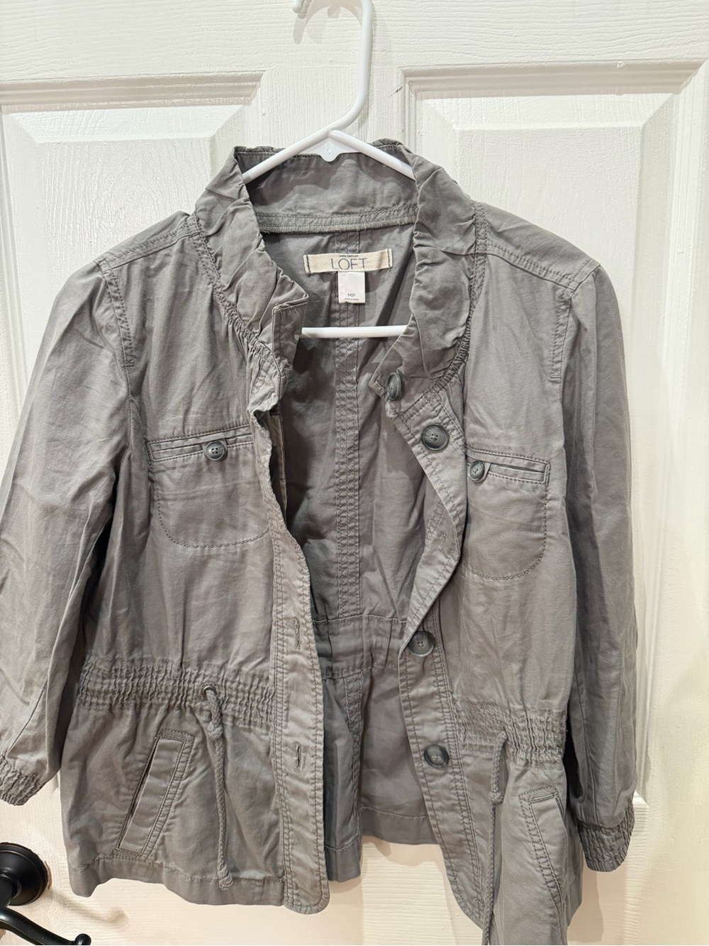 LOFT Gray Ruffle-Collar Utility Jacket